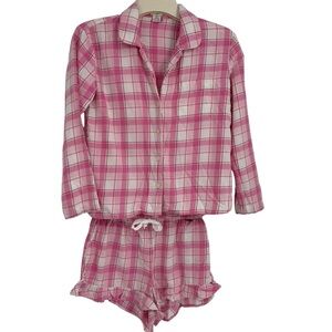 J.Crew Womens Short Pajama Set Size XS Button Up Long Sleeve Flannel Plaid Pink